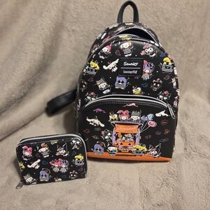Loungefly Sanrio Backpack and Wallet - Black and Orange Hello Kitty Halloween.